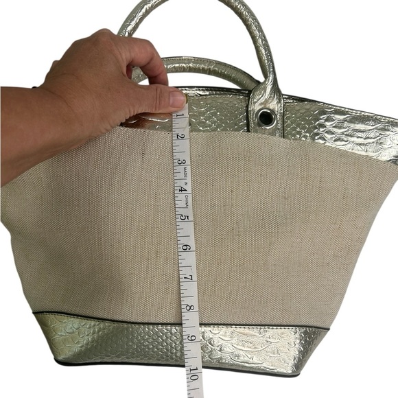 London Fog Gold Metallic Linen Snakeskin Tote Large Bag Purse Preppy Chic Summer - Picture 8 of 14